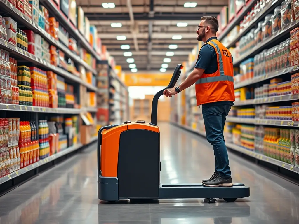 An electric pallet jack being used in a retail setting, demonstrating its maneuverability and safety features in a customer-facing environment.
