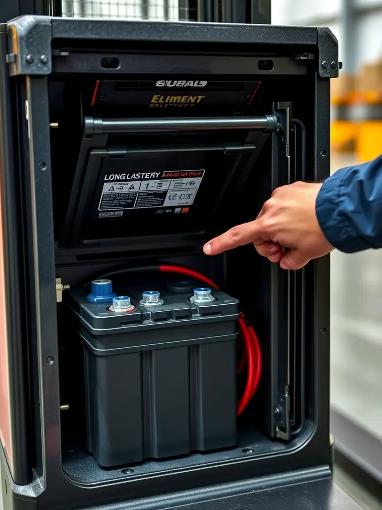 A detailed close-up shot of the Electric Pallet Jack's battery compartment, highlighting the long-lasting battery and its easy accessibility for maintenance.