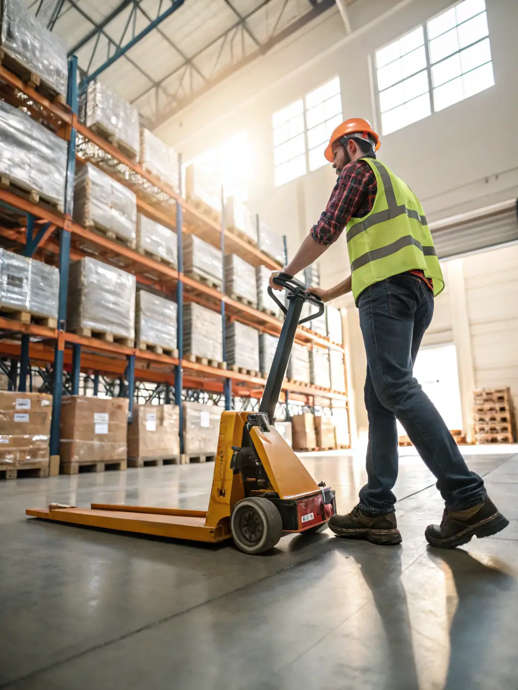 An image of an operator comfortably using the Electric Pallet Jack, highlighting its ergonomic design and user-friendly controls.