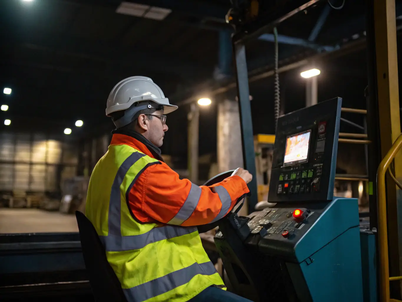 A close-up shot of an employee operating an electric pallet jack with ease, highlighting the reduction in physical strain and improved ergonomics.