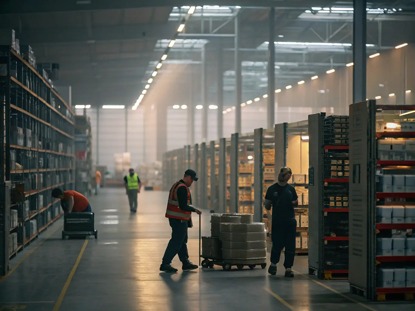 A busy warehouse scene with workers efficiently using electric pallet jacks to move goods, showcasing increased productivity and streamlined operations.