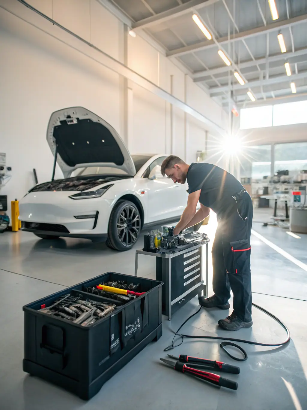 An image showcasing a technician easily performing maintenance on the Electric Pallet Jack, emphasizing the simplicity and accessibility of key components.
